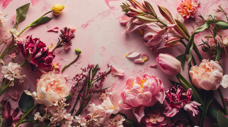 Floral arrangement with small pink Hydrangea flowers, natural floral flat lay in summer seasonal styleの素材