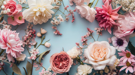 Floral arrangement with small pink Hydrangea flowers, natural floral flat lay in summer seasonal styleの素材