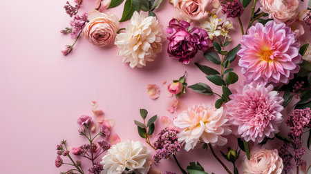 Floral arrangement with small pink Hydrangea flowers, natural floral flat lay in summer seasonal styleの素材