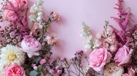 Floral arrangement with small pink Hydrangea flowers, natural floral flat lay in summer seasonal styleの素材