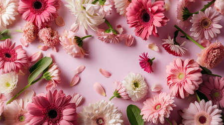 Floral arrangement with small pink Hydrangea flowers, natural floral flat lay in summer seasonal styleの素材
