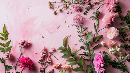 Floral arrangement with small pink Hydrangea flowers, natural floral flat lay in summer seasonal styleの素材