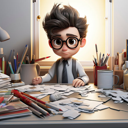 Overwhelmed Cartoon Professor Amidst a Sea of Papers and Books with a Look of Desperation and Academic Chaosの素材