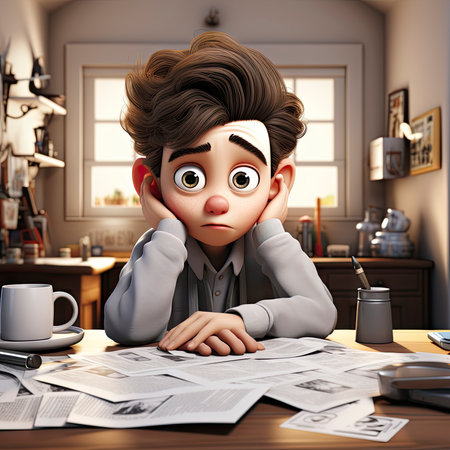 Overwhelmed Cartoon Professor Amidst a Sea of Papers and Books with a Look of Desperation and Academic Chaosの素材