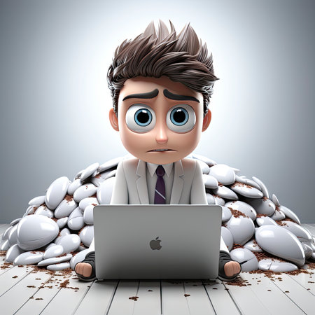 Overwhelmed Cartoon Professor Amidst a Sea of Papers and Books with a Look of Desperation and Academic Chaosの素材