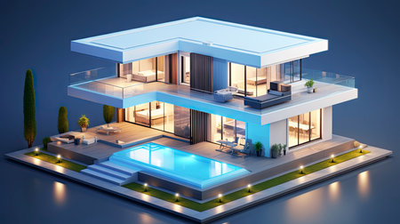 Beautiful modern style luxury home at sunset, featuring entrance and elegant designの素材
