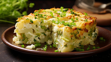 Delicious Layered Vegetable Gratin with Golden Crust on a White Plateの素材