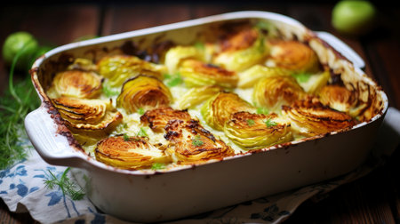 Delicious Layered Vegetable Gratin with Golden Crust on a White Plateの素材