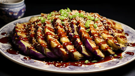 Savory Grilled Eggplant Slices Drizzled with Rich Soy Glaze and Fresh Cilantro on a Lavender Plateの素材