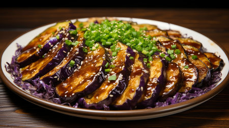 Savory Grilled Eggplant Slices Drizzled with Rich Soy Glaze and Fresh Cilantro on a Lavender Plateの素材