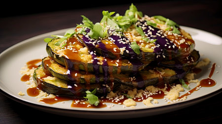 Savory Grilled Eggplant Slices Drizzled with Rich Soy Glaze and Fresh Cilantro on a Lavender Plateの素材