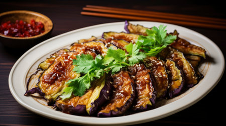 Savory Grilled Eggplant Slices Drizzled with Rich Soy Glaze and Fresh Cilantro on a Lavender Plateの素材