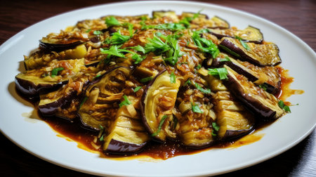 Savory Grilled Eggplant Slices Drizzled with Rich Soy Glaze and Fresh Cilantro on a Lavender Plateの素材