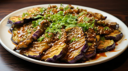 Savory Grilled Eggplant Slices Drizzled with Rich Soy Glaze and Fresh Cilantro on a Lavender Plateの素材