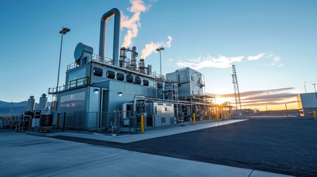 Modern Hydrogen Power Plant Infrastructure on a Bright Day with Piping and Storage Tanksの素材