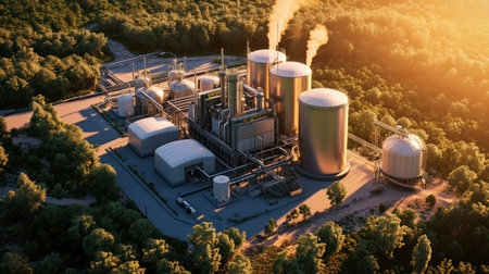 Modern Hydrogen Power Plant Infrastructure on a Bright Day with Piping and Storage Tanksの素材