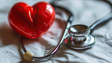 Healthcare Concept with a Stethoscope and Red Heart on a Pristine White Backgroundの素材