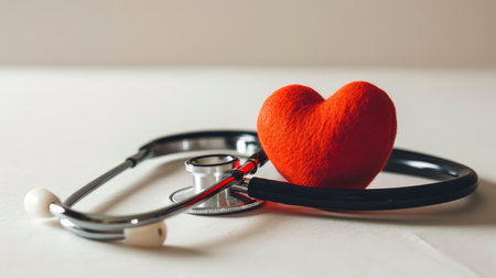 Healthcare Concept with a Stethoscope and Red Heart on a Pristine White Backgroundの素材
