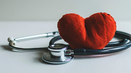 Healthcare Concept with a Stethoscope and Red Heart on a Pristine White Backgroundの素材