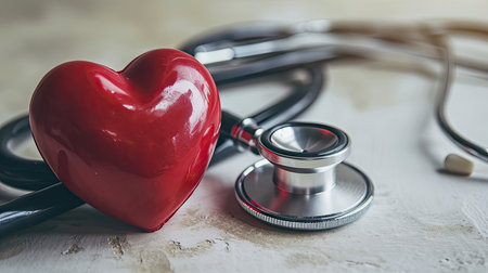 Medical Stethoscope Embracing a Glossy Red Heart on a White Background Signifying Health Careの素材
