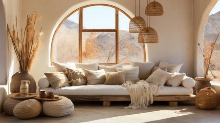 Serene Bohemian Chic Living Room Bathed in Warm Natural Light.の素材