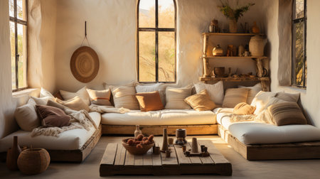 Serene Bohemian Chic Living Room Bathed in Warm Natural Light.の素材
