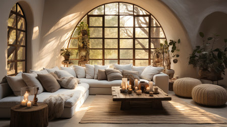 Serene Bohemian Chic Living Room Bathed in Warm Natural Light.の素材