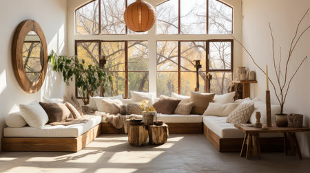 Serene Bohemian Chic Living Room Bathed in Warm Natural Light.の素材