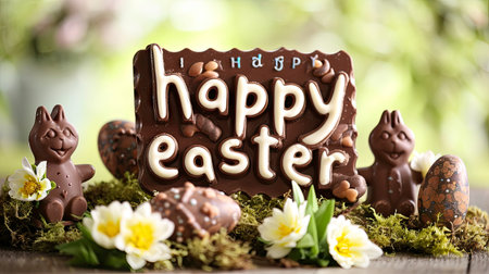 Delightful Easter Celebration with Chocolate Bunny and Decorative Eggs Amidst Spring Blossomsの素材