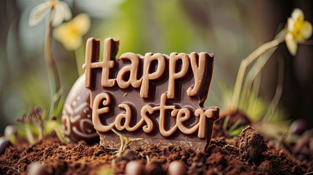 Delightful Easter Celebration with Chocolate Bunny and Decorative Eggs Amidst Spring Blossomsの素材