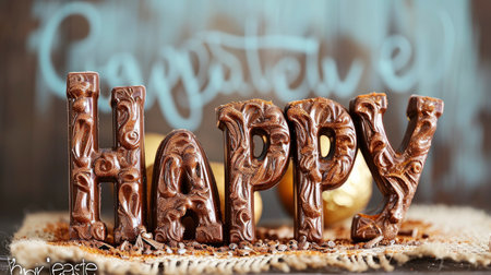 Delightful Easter Celebration with Chocolate Bunny and Decorative Eggs Amidst Spring Blossomsの素材