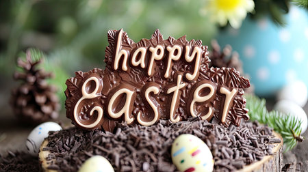 Delightful Easter Celebration with Chocolate Bunny and Decorative Eggs Amidst Spring Blossomsの素材