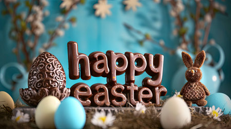 Whimsical Woodland Easter Delight with Chocolate Bunnies and Golden Greetingsの素材