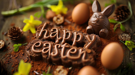 Rustic Easter Celebration with Chocolate Letters and Bunnies Amidst Spring Bloomsの素材