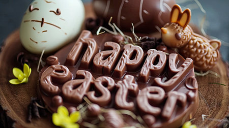 Rustic Easter Celebration with Chocolate Letters and Bunnies Amidst Spring Bloomsの素材