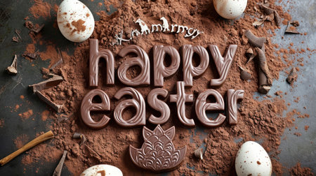 Rustic Easter Celebration with Chocolate Letters and Bunnies Amidst Spring Bloomsの素材