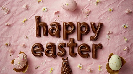 Rustic Easter Celebration with Chocolate Letters and Bunnies Amidst Spring Bloomsの素材