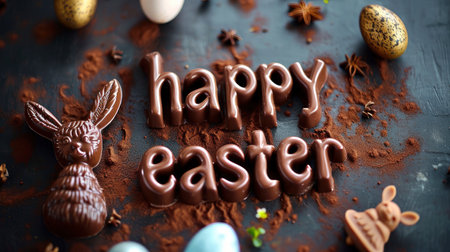 Rustic Easter Celebration with Chocolate Letters and Bunnies Amidst Spring Bloomsの素材