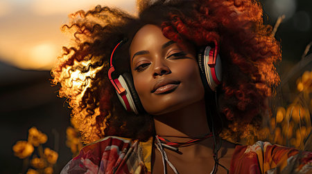 Soulful Serenity: Woman Lost in Music Amongst Golden Bloomsの素材