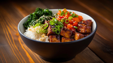 Delectable Tofu Teriyaki Bowl on Rice with Fresh Greens and Sesame Seeds, Asian Cuisine Delight.の素材