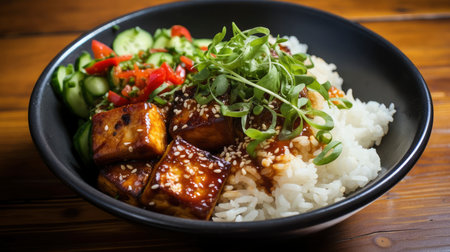 Delectable Tofu Teriyaki Bowl on Rice with Fresh Greens and Sesame Seeds, Asian Cuisine Delight.の素材