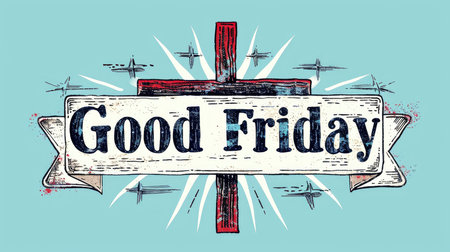 Poignant Illustration of the Crucifixion on Good Friday with Sunrays and Red Bannerの素材