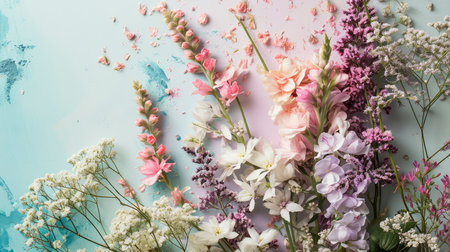 beautiful spring flowers on paper backgroundの素材