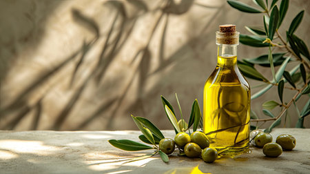 Extra Virgin Olive Oil in a Glass Bottle with Fresh Olives and Green Leaves on a Textured Backgroundの素材