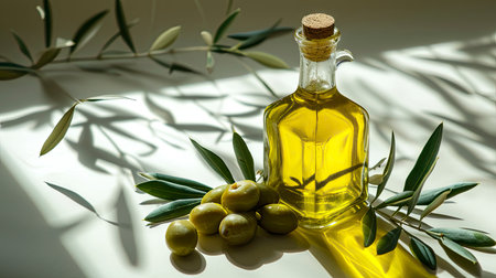 Extra Virgin Olive Oil in a Glass Bottle with Fresh Olives and Green Leaves on a Textured Backgroundの素材
