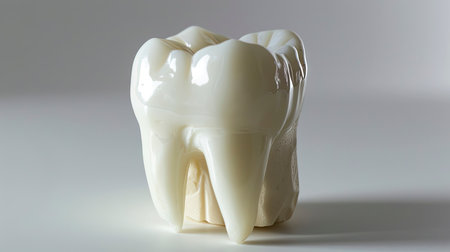 Glossy Porcelain Molar Tooth Model on a Neutral Background for Dental Educationの素材