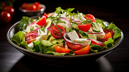 Colorful Fresh Vegetable Salad with Boiled Eggs in a Rustic Bowl on Wooden Backgroundの素材