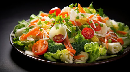 Colorful Fresh Vegetable Salad with Boiled Eggs in a Rustic Bowl on Wooden Backgroundの素材