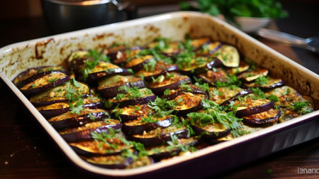 Roasted Eggplant Slices Topped with Fresh Herbs in a Ceramic Dishの素材