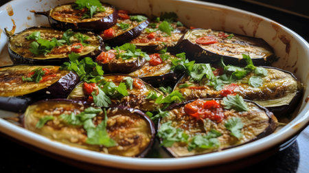 Roasted Eggplant Slices Topped with Fresh Herbs in a Ceramic Dishの素材